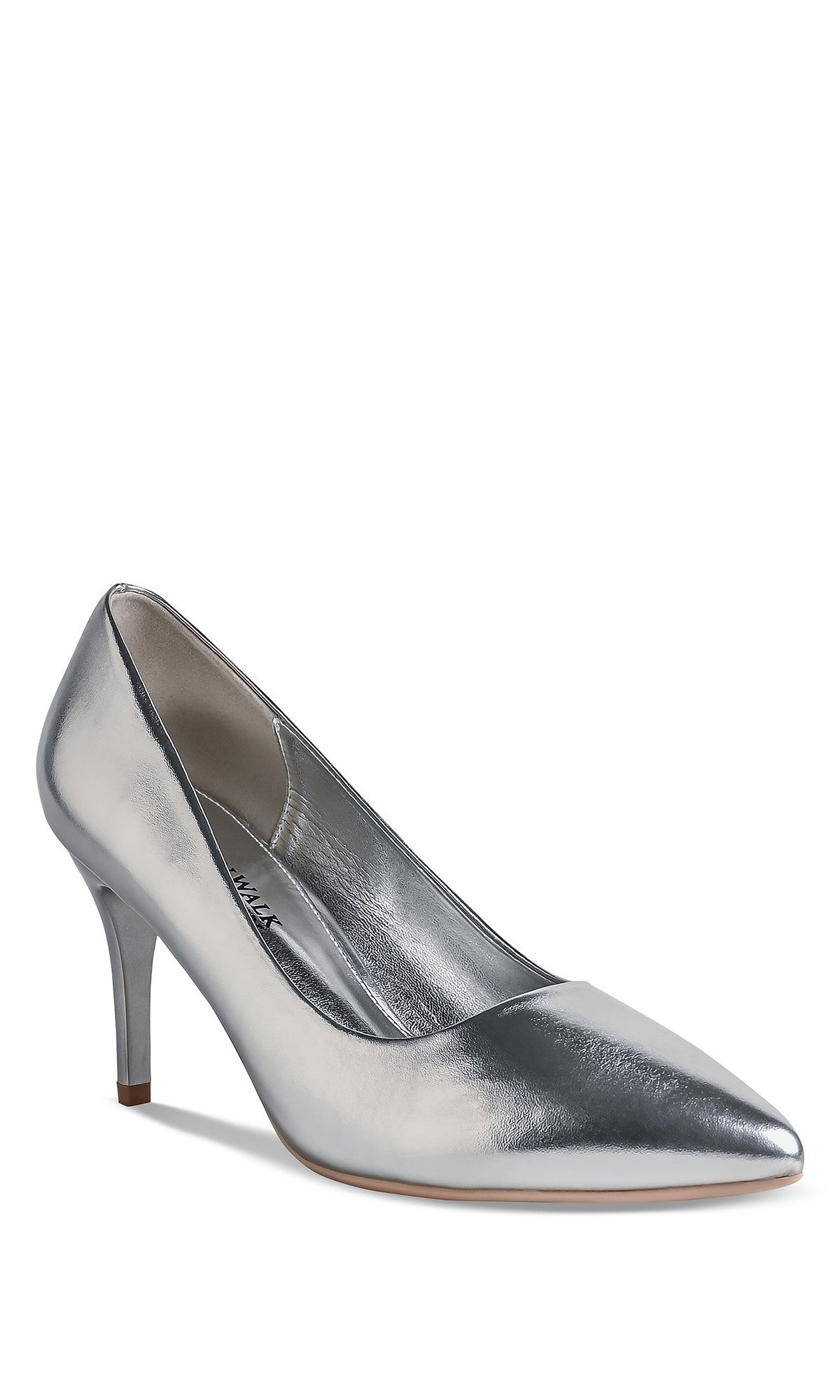 The Tia Silver Prom Shoes by Touch Ups 4750 are elegant, single silver high-heeled pumps with a pointed toe and mid-height heel, shown on a white background.
